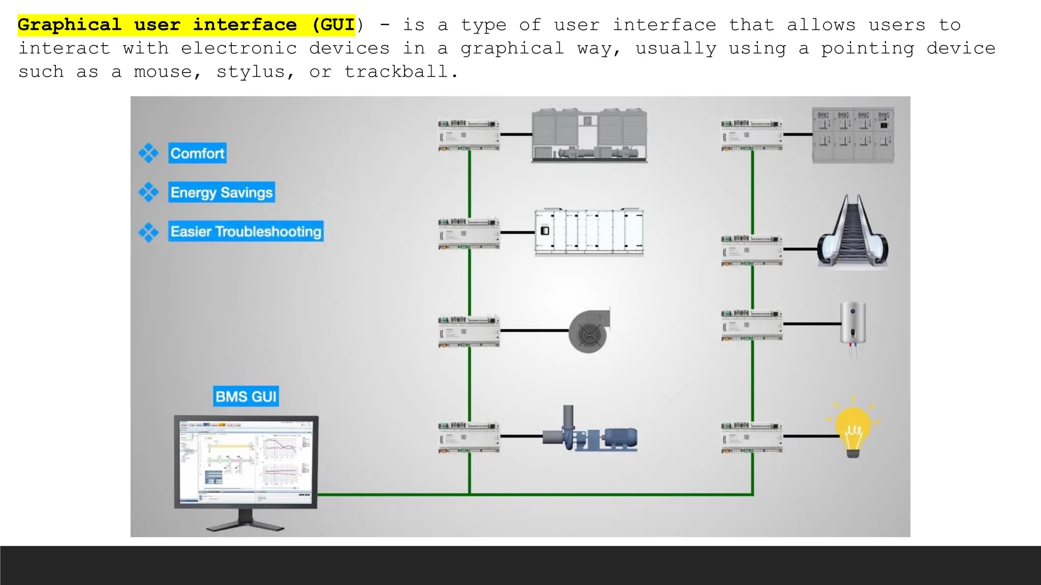Graphical user interface (GUI) - is a type of user interface that allows users to
interact with electronic devices in a graphical way, usually using a pointing device
such as a mouse, stylus, or trackball.
 