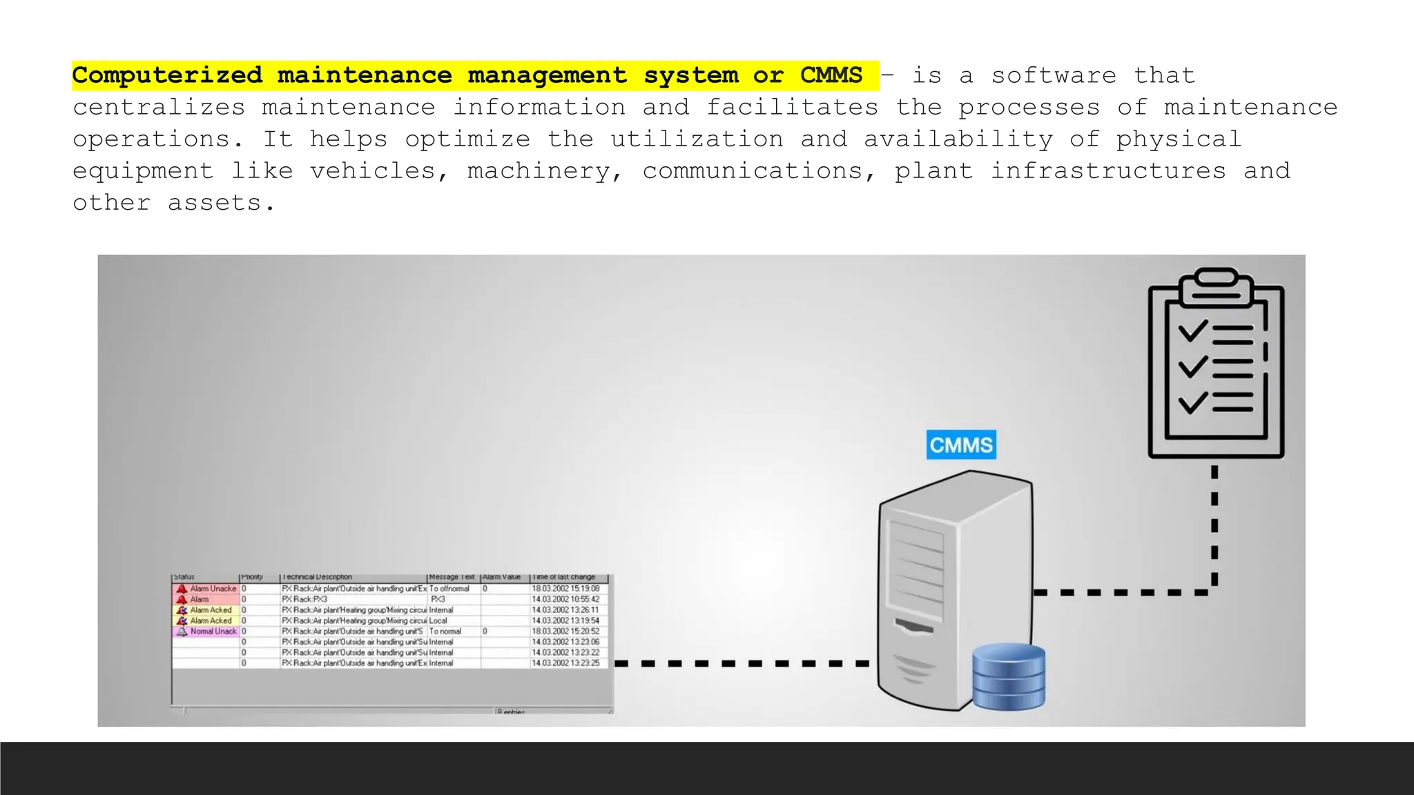 Computerized maintenance management system or CMMS – is a software that
centralizes maintenance information and facilitates the processes of maintenance
operations. It helps optimize the utilization and availability of physical
equipment like vehicles, machinery, communications, plant infrastructures and
other assets.
 