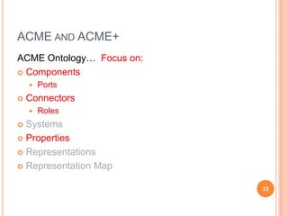 ACME AND ACME+
ACME Ontology… Focus on:
 Components
       Ports
   Connectors
       Roles
 Systems
 Properties

 Representations

 Representation Map


                           33
 