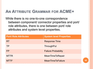 AN ATTRIBUTE GRAMMAR FOR ACME+
While there is no one-to-one correspondence
 between component/ connector properties and port/
 role attributes, there is one between port/ role
 attributes and system level properties.

Port/ Role Attributes     System level Properties

RT                        Response Time

TP                        ThroughPut

FP                        Failure Probability

MTTR                      MeanTimeToRepair

MTTF                      MeanTimeToFailure          48
 
