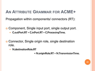AN ATTRIBUTE GRAMMAR FOR ACME+
Propagation within components/ connectors (RT):

   Component, Single input port, single output port.
       C.outPort.RT = C.inPort.RT + C.ProcessingTime.


   Connector, Single origin role, single destination
    role.
       N.destinationRole.RT
                           = N.originRole.RT + N.TransmissionTime.


                                                                     51
 