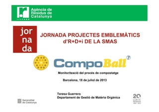 Teresa Guerrero
Departament de Gestió de Matèria Orgànica
JORNADA PROJECTES EMBLEMÀTICS
d’R+D+i DE LA SMAS
jor
na
da
Monitorització del procés de compostatge
Barcelona, 18 de juliol de 2013
 