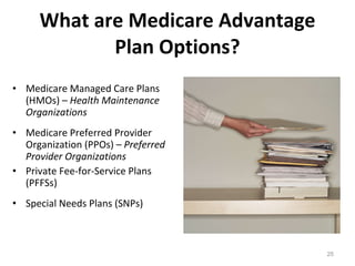 What are Medicare Advantage Plan Options? Medicare Managed Care Plans (HMOs) –  Health Maintenance Organizations Medicare Preferred Provider Organization (PPOs) –  Preferred Provider Organizations Private Fee-for-Service Plans (PFFSs) Special Needs Plans (SNPs) 