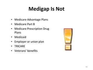 Medigap Is Not Medicare Advantage Plans Medicare Part B Medicare Prescription Drug Plans Medicaid Employer or union plan TRICARE Veterans’ benefits 