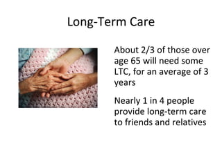 Long-Term Care About 2/3 of those over age 65 will need some LTC, for an average of 3 years Nearly 1 in 4 people provide long-term care to friends and relatives 