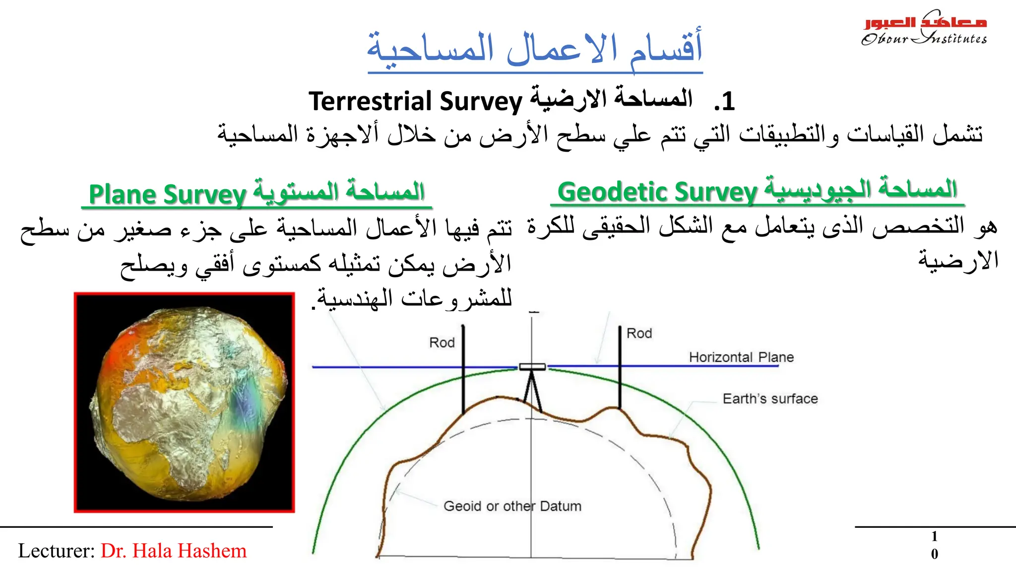 Lecturer: Dr. Hala Hashem
1
0
‫اﻟﻤﺴﺎﺣﯿﺔ‬ ‫اﻻﻋﻤﺎل‬ ‫أﻗﺴﺎم‬
.1
‫اﻻرﺿﯿﺔ‬ ‫اﻟﻤﺴﺎﺣﺔ‬
Terrestrial Survey
‫اﻟﻣﺳﺎﺣﯾﺔ‬ ‫أﻻﺟﮭزة‬ ‫ﺧﻼل‬ ‫ﻣن‬ ‫اﻷرض‬ ‫ﺳطﺢ‬ ‫ﻋﻠﻲ‬ ‫ﺗﺗم‬ ‫اﻟﺗﻲ‬ ‫واﻟﺗطﺑﯾﻘﺎت‬ ‫اﻟﻘﯾﺎﺳﺎت‬ ‫ﺗﺷﻣل‬
‫اﻟﺠﯿﻮدﯾﺴﯿﺔ‬ ‫اﻟﻤﺴﺎﺣﺔ‬
Geodetic Survey
‫اﻟﺣﻘﯾﻘﻰ‬ ‫اﻟﺷﻛل‬ ‫ﻣﻊ‬ ‫ﯾﺗﻌﺎﻣل‬ ‫اﻟذى‬ ‫اﻟﺗﺧﺻص‬ ‫ھو‬
‫ﻟﻠﻛرة‬
‫اﻻرﺿﯾﺔ‬
‫اﻟﻤﺴﺘﻮﯾﺔ‬ ‫اﻟﻤﺴﺎﺣﺔ‬
Plane Survey
‫ﺳ‬ ‫ﻣن‬ ‫ﺻﻐﯾر‬ ‫ﺟزء‬ ‫ﻋﻠﻰ‬ ‫اﻟﻣﺳﺎﺣﯾﺔ‬ ‫اﻷﻋﻣﺎل‬ ‫ﻓﯾﮭﺎ‬ ‫ﺗﺗم‬
‫طﺢ‬
‫وﯾﺻﻠﺢ‬ ‫أﻓﻘﻲ‬ ‫ﻛﻣﺳﺗوى‬ ‫ﺗﻣﺛﯾﻠﮫ‬ ‫ﯾﻣﻛن‬ ‫اﻷرض‬
‫اﻟﮭﻧدﺳﯾﺔ‬ ‫ﻟﻠﻣﺷروﻋﺎت‬
.
 