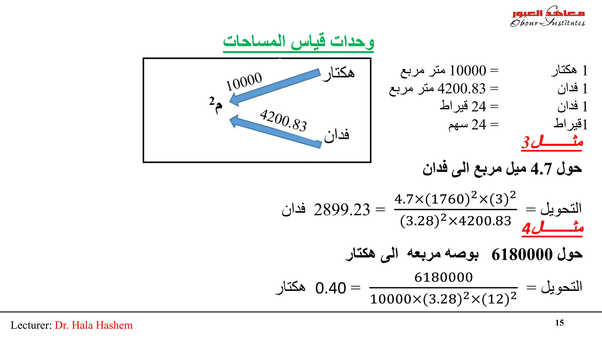 Lecturer: Dr. Hala Hashem 15
‫اﻟﻤﺴﺎﺣﺎت‬ ‫ﻗﯿﺎس‬ ‫وﺣﺪات‬
1
‫ھﻜﺘﺎر‬
=
10000
‫ﻣﺮﺑﻊ‬ ‫ﻣﺘﺮ‬
1
‫ﻓﺪان‬
=
4200.83
‫ﻣﺮﺑﻊ‬ ‫ﻣﺘﺮ‬
1
‫ﻓﺪان‬
=
24
‫ﻗﯿﺮاط‬
1
‫ﻗﯿﺮاط‬
=
24
‫ﺳﮭﻢ‬
‫ﻣﺜــــــــﺎل‬
3
‫ﺣﻮل‬
4.7
‫ﻣﯿﻞ‬
‫ﻣﺮﺑﻊ‬
‫اﻟﻰ‬
‫ﻓﺪان‬
‫اﻟﺘﺤﻮﯾﻞ‬
=
4.7×(1760)2×(3)2
(3.28)2×4200.83
=
2899.23
‫ﻓﺪان‬
‫ﻣﺜــــــــﺎل‬
4
‫ﺣﻮل‬
6180000
‫ھﻜﺘﺎر‬ ‫اﻟﻰ‬ ‫ﻣﺮﺑﻌﮫ‬ ‫ﺑﻮﺻﮫ‬
‫اﻟﺘﺤﻮﯾﻞ‬
=
6180000
10000×(3.28)2×(12)2
=
0.40
‫ھﻜﺘﺎر‬
 