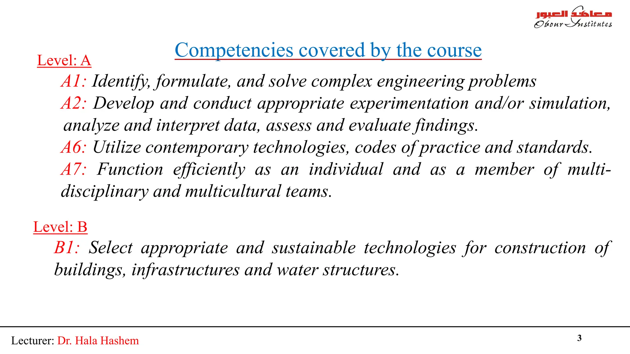 Lecturer: Dr. Hala Hashem 3
Competencies covered by the course
Level: A
A1: Identify, formulate, and solve complex engineering problems
A2: Develop and conduct appropriate experimentation and/or simulation,
analyze and interpret data, assess and evaluate findings.
A6: Utilize contemporary technologies, codes of practice and standards.
A7: Function efficiently as an individual and as a member of multi-
disciplinary and multicultural teams.
Level: B
B1: Select appropriate and sustainable technologies for construction of
buildings, infrastructures and water structures.
 