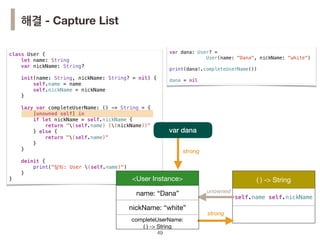 class User {
let name: String
var nickName: String?
init(name: String, nickName: String? = nil) {
self.name = name
self.nickName = nickName
}
lazy var completeUserName: () -> String = {
[unowned self] in
if let nickName = self.nickName {
return "(self.name) ((nickName))"
} else {
return "(self.name)"
}
}
deinit {
print("탈퇴: User (self.name)")
}
}
!49
var 흰
( ) -> String
self.name self.nickName
unowned
strong
strong
해결 - Capture List
var dana
<User Instance>
name: “Dana”
nickName: “white”
completeUserName: 

( ) -> String
var dana: User? =
User(name: "Dana", nickName: "white")
print(dana!.completeUserName())
dana = nil
 