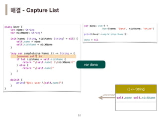class User {
let name: String
var nickName: String?
init(name: String, nickName: String? = nil) {
self.name = name
self.nickName = nickName
}
lazy var completeUserName: () -> String = {
[unowned self] in
if let nickName = self.nickName {
return "(self.name) ((nickName))"
} else {
return "(self.name)"
}
}
deinit {
print("탈퇴: User (self.name)")
}
}
!51
( ) -> String
self.name self.nickName
unowned
var dana
해결 - Capture List
var dana: User? =
User(name: "Dana", nickName: "white")
print(dana!.completeUserName())
dana = nil
 