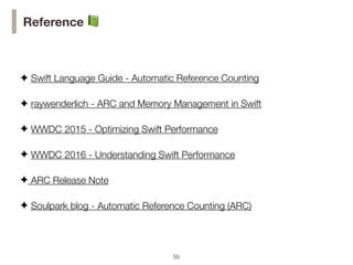 !55
Reference 📗
✦ Swift Language Guide - Automatic Reference Counting
✦ raywenderlich - ARC and Memory Management in Swift
✦ WWDC 2015 - Optimizing Swift Performance
✦ WWDC 2016 - Understanding Swift Performance
✦ ARC Release Note
✦ Soulpark blog - Automatic Reference Counting (ARC)
 