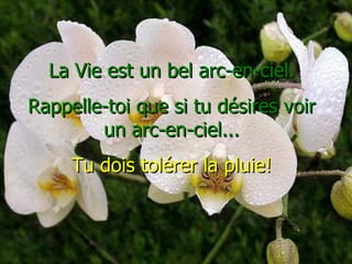 La Vie est un bel arc-en-ciel.
Rappelle-toi que si tu désires voir
        un arc-en-ciel...
     Tu dois tolérer la pluie!
 