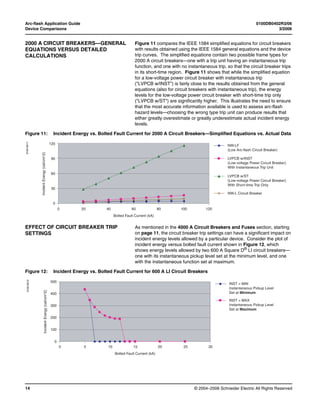 Arc-flash Application Guide 0100DB0402R3/06
Device Comparisons 3/2006
© 2004–2006 Schneider Electric All Rights Reserved14
2000 A CIRCUIT BREAKERS—GENERAL
EQUATIONS VERSUS DETAILED
CALCULATIONS
Figure 11 compares the IEEE 1584 simplified equations for circuit breakers
with results obtained using the IEEE 1584 general equations and the device
trip curves. The simplified equations contain two possible frame types for
2000 A circuit breakers—one with a trip unit having an instantaneous trip
function, and one with no instantaneous trip, so that the circuit breaker trips
in its short-time region. Figure 11 shows that while the simplified equation
for a low-voltage power circuit breaker with instantaneous trip
("LVPCB w/INST") is fairly close to the results obtained from the general
equations (also for circuit breakers with instantaneous trip), the energy
levels for the low-voltage power circuit breaker with short-time trip only
("LVPCB w/ST") are significantly higher. This illustrates the need to ensure
that the most accurate information available is used to assess arc-flash
hazard levels—choosing the wrong type trip unit can produce results that
either greatly overestimate or greatly underestimate actual incident energy
levels.
EFFECT OF CIRCUIT BREAKER TRIP
SETTINGS
As mentioned in the 4000 A Circuit Breakers and Fuses section, starting
on page 11, the circuit breaker trip settings can have a significant impact on
incident energy levels allowed by a particular device. Consider the plot of
incident energy versus bolted fault current shown in Figure 12, which
shows energy levels allowed by two 600 A Square D® LI circuit breakers—
one with its instantaneous pickup level set at the minimum level, and one
with the instantaneous function set at maximum.
Figure 11: Incident Energy vs. Bolted Fault Current for 2000 A Circuit Breakers—Simplified Equations vs. Actual Data
120
90
60
30
0
0 20 40 60 80 100 120
Bolted Fault Current (kA)
IncidentEnergy(cal/cm^2)
NW-LF
(Low Arc-flash Circuit Breaker)
LVPCB w/INST
(Low-voltage Power Circuit Breaker)
With Instantaneous Trip Unit
LVPCB w/ST
(Low-voltage Power Circuit Breaker)
With Short-time Trip Only
NW-L Circuit Breaker
0100-0011
Figure 12: Incident Energy vs. Bolted Fault Current for 600 A LI Circuit Breakers
500
400
300
200
100
0
0 5 10 15 20 25 30
Bolted Fault Current (kA)
IncidentEnergy(cal/cm^2)
INST = MIN
Instantaneous Pickup Level
Set at Minimum
INST = MAX
Instantaneous Pickup Level
Set at Maximum
0100-0012
 