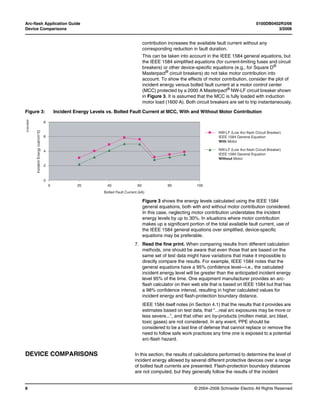 Arc-flash Application Guide 0100DB0402R3/06
Device Comparisons 3/2006
© 2004–2006 Schneider Electric All Rights Reserved8
contribution increases the available fault current without any
corresponding reduction in fault duration.
This can be taken into account in the IEEE 1584 general equations, but
the IEEE 1584 simplified equations (for current-limiting fuses and circuit
breakers) or other device-specific equations (e.g., for Square D®
Masterpact®
circuit breakers) do not take motor contribution into
account. To show the effects of motor contribution, consider the plot of
incident energy versus bolted fault current at a motor control center
(MCC) protected by a 2000 A Masterpact®
NW-LF circuit breaker shown
in Figure 3. It is assumed that the MCC is fully loaded with induction
motor load (1600 A). Both circuit breakers are set to trip instantaneously.
Figure 3 shows the energy levels calculated using the IEEE 1584
general equations, both with and without motor contribution considered.
In this case, neglecting motor contribution understates the incident
energy levels by up to 30%. In situations where motor contribution
makes up a significant portion of the total available fault current, use of
the IEEE 1584 general equations over simplified, device-specific
equations may be preferable.
7. Read the fine print. When comparing results from different calculation
methods, one should be aware that even those that are based on the
same set of test data might have variations that make it impossible to
directly compare the results. For example, IEEE 1584 notes that the
general equations have a 95% confidence level—i.e., the calculated
incident energy level will be greater than the anticipated incident energy
level 95% of the time. One equipment manufacturer provides an arc-
flash calculator on their web site that is based on IEEE 1584 but that has
a 98% confidence interval, resulting in higher calculated values for
incident energy and flash-protection boundary distance.
IEEE 1584 itself notes (in Section 4.1) that the results that it provides are
estimates based on test data, that “...real arc exposures may be more or
less severe...”, and that other arc by-products (molten metal, arc blast,
toxic gases) are not considered. In any event, PPE should be
considered to be a last line of defense that cannot replace or remove the
need to follow safe work practices any time one is exposed to a potential
arc-flash hazard.
DEVICE COMPARISONS In this section, the results of calculations performed to determine the level of
incident energy allowed by several different protective devices over a range
of bolted fault currents are presented. Flash-protection boundary distances
are not computed, but they generally follow the results of the incident
Figure 3: Incident Energy Levels vs. Bolted Fault Current at MCC, With and Without Motor Contribution
8
6
4
2
0
0 20 40 60 80 100
Bolted Fault Current (kA)
IncidentEnergy(cal/cm^2)
NW-LF (Low Arc-flash Circuit Breaker)
IEEE 1584 General Equation
With Motor
NW-LF (Low Arc-flash Circuit Breaker)
IEEE 1584 General Equation
Without Motor
0100-0003
 