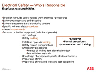 Electrical Safety — Who‘s Responsible
Employer responsibilities
•Establish / provide safety related work practices / procedures
•Safety awareness and self-discipline
•Safety measurement and monitoring controls
•Specific written safety procedures
•Hazard assessments
•Personal protective equipment (select and provide)
•Job briefings
•Safety auditing
•Establish / provide training
•Safety related work practices
•Emergency procedures
•Release of victims from electrical contact
•Resuscitation methods
•Knowledge of equipment specific electrical hazards
•Proper use of PPE
•Proper use of insulated tools and test equipment
© ABB Inc.
April 19, 2011 | Slide 11
Employer
Formal procedures,
documentation and training
 