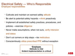 Electrical Safety — Who‘s Responsible
Employee responsibilities
• Cultivate and maintain an earnest safety attitude
• Be alert to potential safety hazards —think proactively
• Implement all established safety practices, procedures, and
policies —exercise diligence
• Never make assumptions, when not sure, verify intension
and status
• Don‘t cut corners or skip steps —be meticulous
• Conscientiously utilize prescribed PPE without exception
Employee
Attitude is vital
Ardent implementation is critical
© ABB Inc.
April 19, 2011 | Slide 12
 