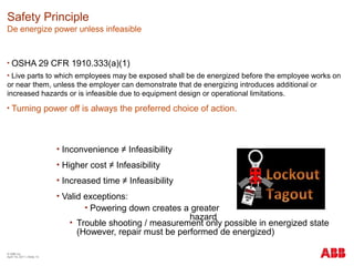 Safety Principle
De energize power unless infeasible
 OSHA 29 CFR 1910.333(a)(1)
 Live parts to which employees may be exposed shall be de energized before the employee works on
or near them, unless the employer can demonstrate that de energizing introduces additional or
increased hazards or is infeasible due to equipment design or operational limitations.
 Turning power off is always the preferred choice of action.
 Inconvenience ≠ Infeasibility
 Higher cost ≠ Infeasibility
 Increased time ≠ Infeasibility
 Valid exceptions:
 Powering down creates a greater
hazard
 Trouble shooting / measurement only possible in energized state
(However, repair must be performed de energized)
© ABB Inc.
April 19, 2011 | Slide 13
 