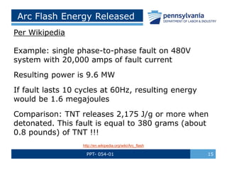 PPT- 054-01 15
Arc Flash Energy Released
Per Wikipedia
Example: single phase-to-phase fault on 480V
system with 20,000 amps of fault current
Resulting power is 9.6 MW
If fault lasts 10 cycles at 60Hz, resulting energy
would be 1.6 megajoules
Comparison: TNT releases 2,175 J/g or more when
detonated. This fault is equal to 380 grams (about
0.8 pounds) of TNT !!!
http://en.wikipedia.org/wiki/Arc_flash
 