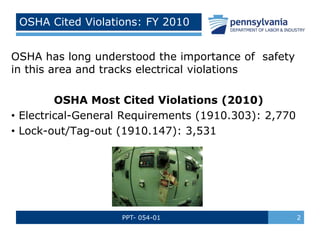 PPT- 054-01 2
OSHA Cited Violations: FY 2010
OSHA has long understood the importance of safety
in this area and tracks electrical violations
OSHA Most Cited Violations (2010)
• Electrical-General Requirements (1910.303): 2,770
• Lock-out/Tag-out (1910.147): 3,531
 