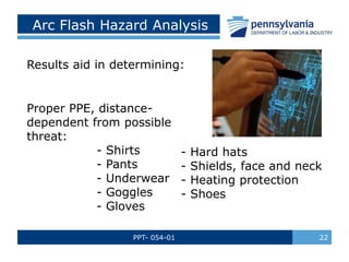 PPT- 054-01 22
Arc Flash Hazard Analysis
Results aid in determining:
Proper PPE, distance-
dependent from possible
threat:
- Shirts
- Pants
- Underwear
- Goggles
- Gloves
- Hard hats
- Shields, face and neck
- Heating protection
- Shoes
 