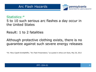 PPT- 054-01 8
Arc Flash Hazards
Statistics:*
5 to 10 such serious arc flashes a day occur in
the United States
Result: 1 to 2 fatalities
Although protective clothing exists, there is no
guarantee against such severe energy releases
*Dr. Mary Capelli-Schellpfeffer, “Arc Flash Presentation,” as quoted in eHow.com facts, May 30, 2012
 