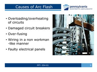 PPT- 054-01 9
Causes of Arc Flash
• Overloading/overheating
of circuits
• Damaged circuit breakers
• Over-fusing
• Wiring in a non workman
-like manner
• Faulty electrical panels
 