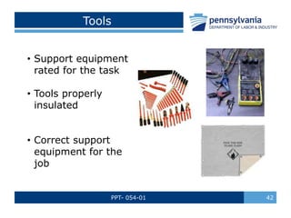PPT- 054-01 42
Tools
• Support equipment
rated for the task
• Tools properly
insulated
• Correct support
equipment for the...
