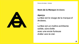 Persona de design - Arcbees
Nom de la Marque Arcbees
Aperçu
La Bee est le visage de la marque d’
Arcbees.
-
La Bee est un maître architecte
solide, sûre d’elle
avec une envie furieuse
d’aller vers le ciel.
 
