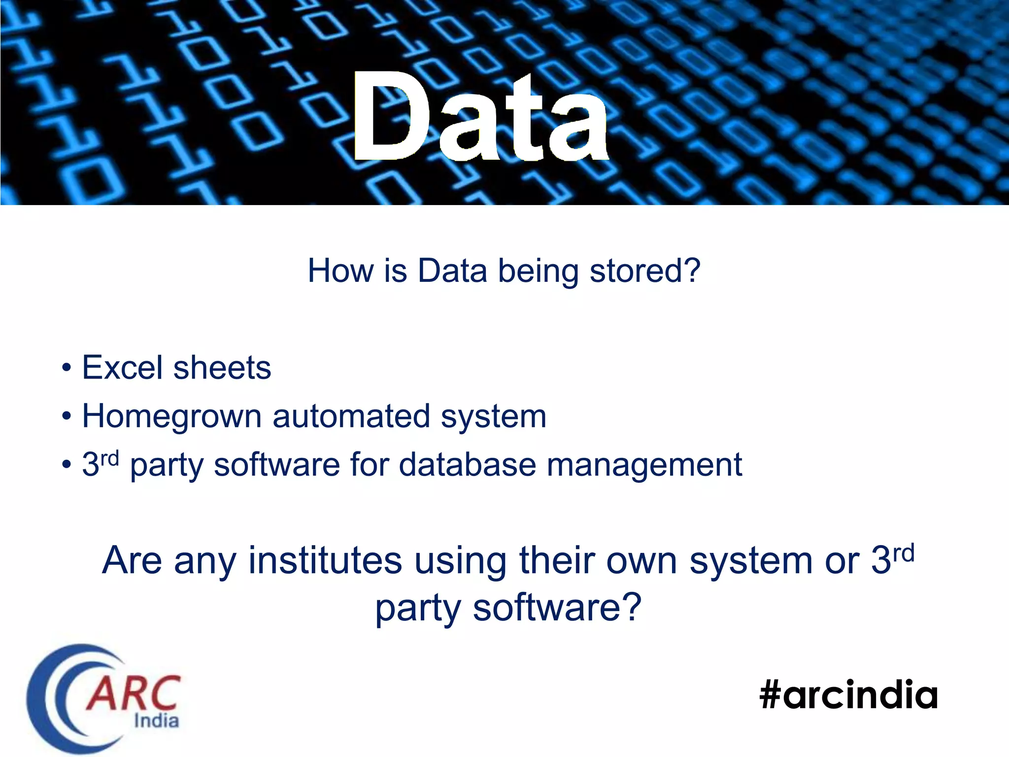 #arcindia
How is Data being stored?
• Excel sheets
• Homegrown automated system
• 3rd party software for database management
Are any institutes using their own system or 3rd
party software?
Data
 