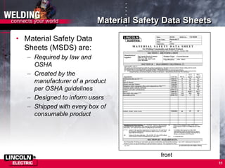 11
Material Safety Data Sheets
• Material Safety Data
Sheets (MSDS) are:
– Required by law and
OSHA
– Created by the
manufacturer of a product
per OSHA guidelines
– Designed to inform users
– Shipped with every box of
consumable product
front
 