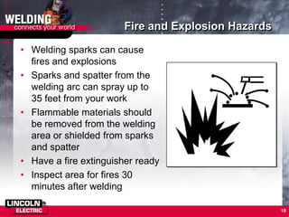 18
Fire and Explosion Hazards
• Welding sparks can cause
fires and explosions
• Sparks and spatter from the
welding arc can spray up to
35 feet from your work
• Flammable materials should
be removed from the welding
area or shielded from sparks
and spatter
• Have a fire extinguisher ready
• Inspect area for fires 30
minutes after welding
 