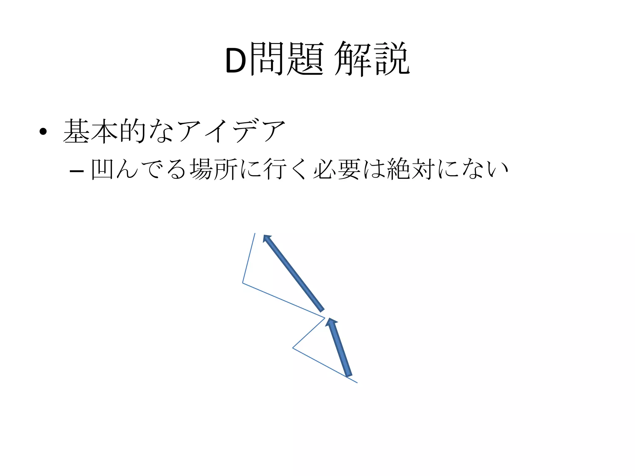 D問題 解説
• 基本的なアイデア
– 凹んでる場所に行く必要は絶対にない

 