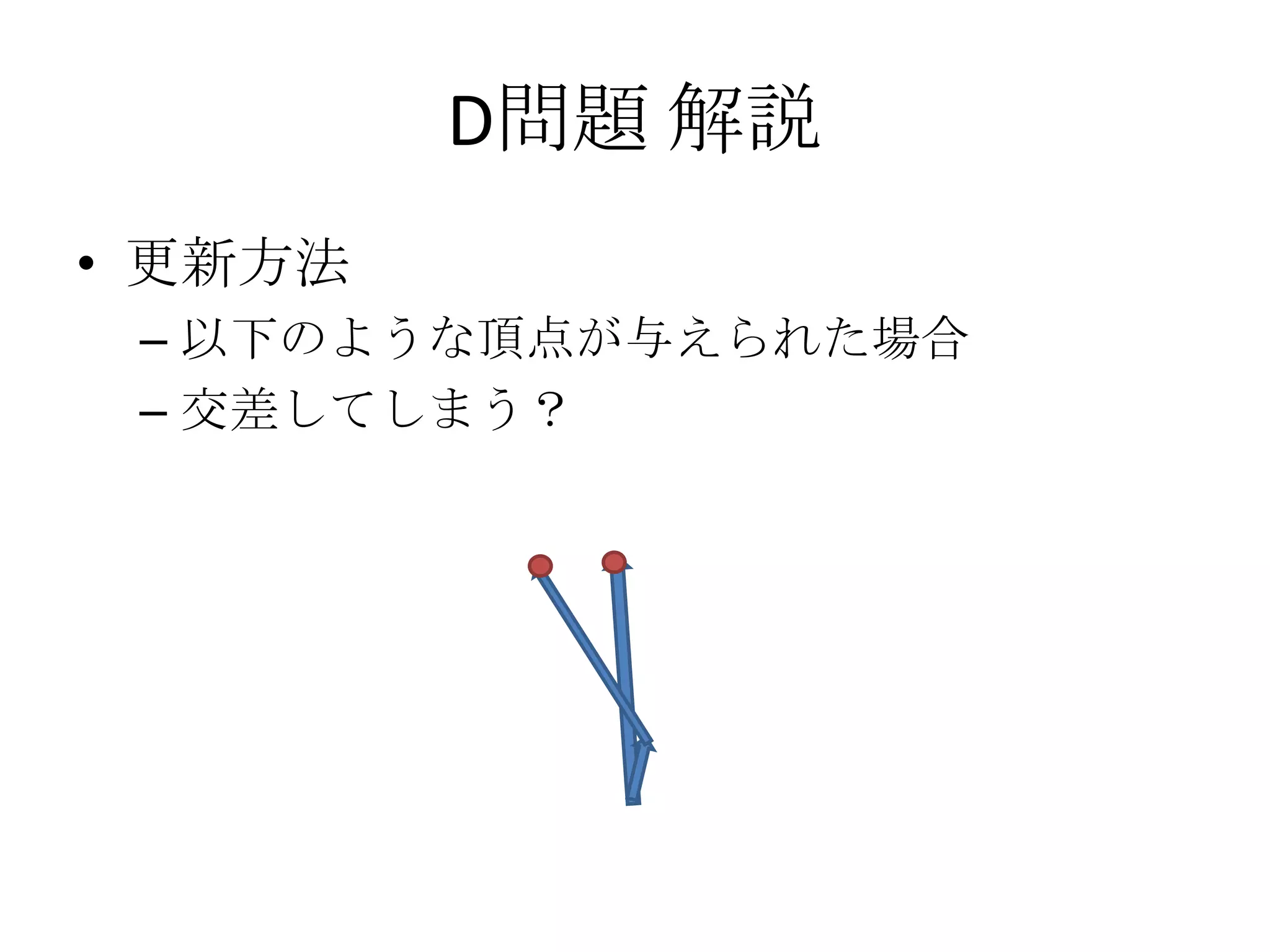 D問題 解説
• 更新方法
– 以下のような頂点が与えられた場合
– 交差してしまう？

 