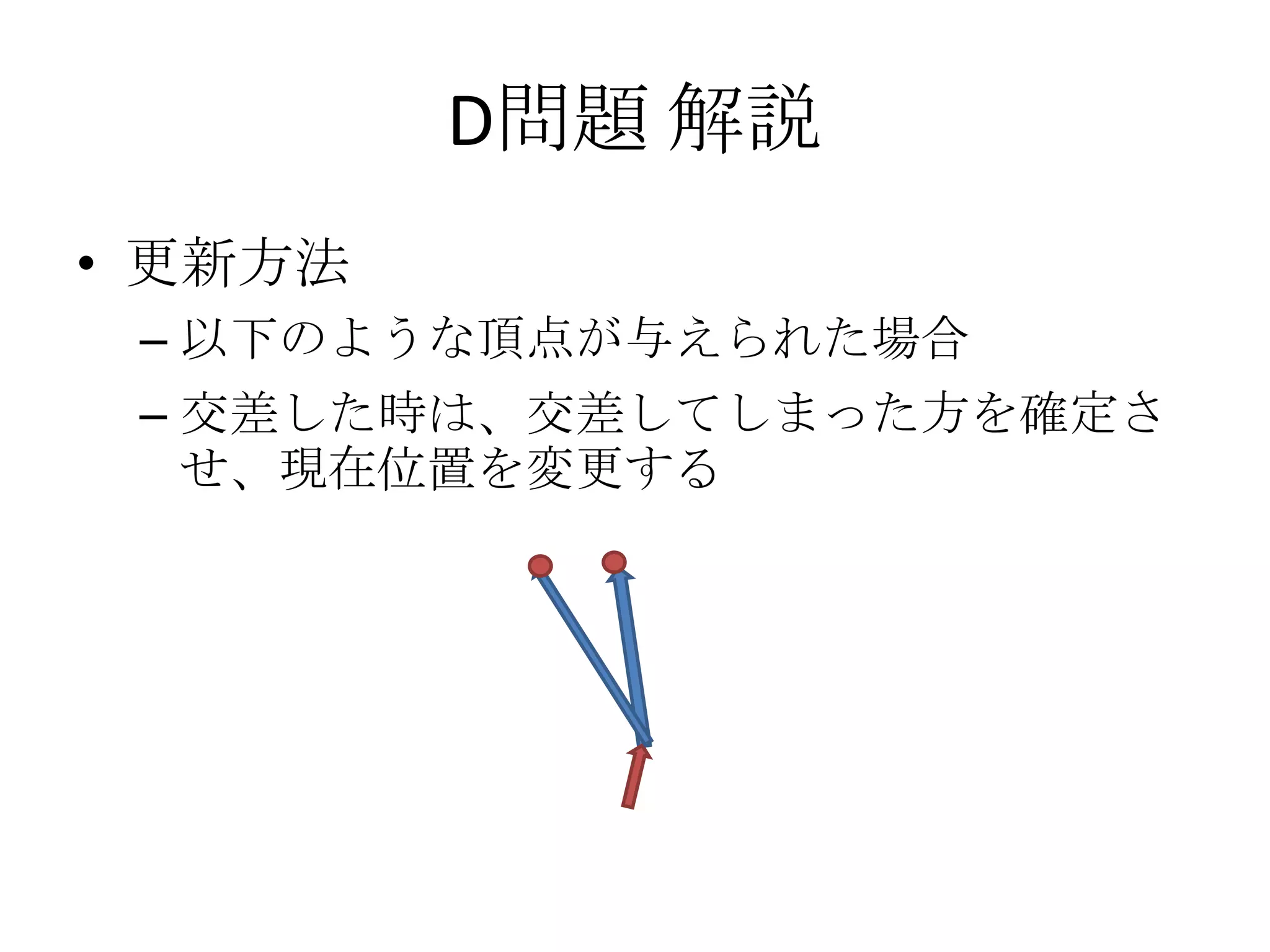 D問題 解説
• 更新方法
– 以下のような頂点が与えられた場合
– 交差した時は、交差してしまった方を確定さ
せ、現在位置を変更する

 
