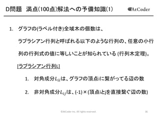 D問題 満点(100点)解法への予備知識(1)
1. グラフの(ラベル付き)全域木の個数は、

ラプラシアン行列と呼ばれる以下のような行列の、任意の小行
列の行列式の値に等しいことが知られている (行列木定理)。
[ラプラシアン行列L]
1. 対角成分𝐿 𝑖𝑖 は、グラフの頂点iに繋がってる辺の数
2. 非対角成分𝐿 𝑖𝑗 は、(-1)×(頂点iとjを直接繋ぐ辺の数)

©AtCoder Inc. All rights reserved.

36

 