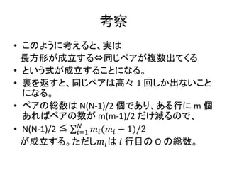 考察
• このように考えると、実は
長方形が成立する⇔同じペアが複数出てくる
• という式が成立することになる。
• 裏を返すと、同じペアは高々 1 回しか出ないこと
になる。
• ペアの総数は N(N-1)/2 個であり、ある行に m 個
あればペアの数が m(m-1)/2 だけ減るので、
• N(N-1)/2 ≦ 𝑚𝑖(𝑚𝑖 − 1)/2𝑁
𝑖=1
が成立する。ただし𝑚𝑖は 𝑖 行目の O の総数。
 