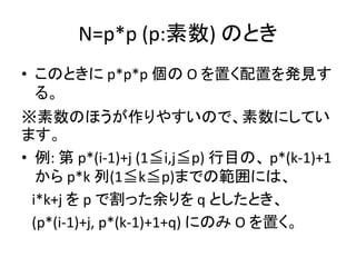 N=p*p (p:素数) のとき
• このときに p*p*p 個の O を置く配置を発見す
る。
※素数のほうが作りやすいので、素数にしてい
ます。
• 例: 第 p*(i-1)+j (1≦i,j≦p) 行目の、 p*(k-1)+1
から p*k 列(1≦k≦p)までの範囲には、
i*k+j を p で割った余りを q としたとき、
(p*(i-1)+j, p*(k-1)+1+q) にのみ O を置く。
 
