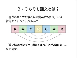 B - そもそも回文とは？
「前から読んでも後ろから読んでも同じ」とは 
結局どういうことなのか？
R A C E C A R
「線で結ばれた文字(以降ではペアと呼ぶ)が同じ」 
なら回文！
 