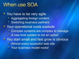 You have to be very agile
Aggregating foreign content
Switching business partners
Your operational costs explode
Complex systems are complex to manage
A new host system is not an option
You start small and fast grow is obvious
Almost every sucessful web site
Your business model rocks!
 