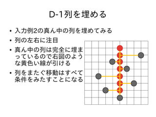 D-1列を埋める
● 入力例2の真ん中の列を埋めてみる
● 列の左右に注目
● 真ん中の列は完全に埋ま
っているので右図のよう
な黄色い線が引ける
● 列をまたぐ移動はすべて
条件をみたすことになる
 