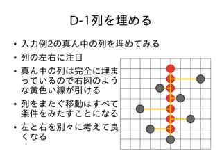 D-1列を埋める
● 入力例2の真ん中の列を埋めてみる
● 列の左右に注目
● 真ん中の列は完全に埋ま
っているので右図のよう
な黄色い線が引ける
● 列をまたぐ移動はすべて
条件をみたすことになる
● 左と右を別々に考えて良
くなる
 