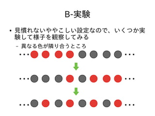 B-実験
● 見慣れないややこしい設定なので、いくつか実
験して様子を観察してみる
– 異なる色が隣り合うところ
　…　　　　　　　　…
　…　　　　　　　　…
　…　　　　　　　　…
 