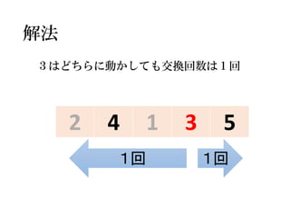 解法 
2 
4 
1 
3 
5 
１回 
１回 
３はどちらに動かしても交換回数は１回  