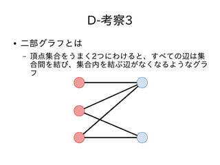 D-考察3
● 二部グラフとは
– 頂点集合をうまく2つにわけると、すべての辺は集
合間を結び、集合内を結ぶ辺がなくなるようなグラ
フ
 