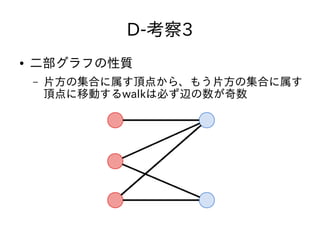 D-考察3
● 二部グラフの性質
– 片方の集合に属す頂点から、もう片方の集合に属す
頂点に移動するwalkは必ず辺の数が奇数
 
