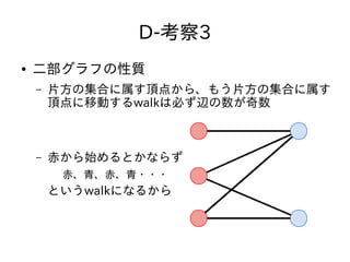 D-考察3
● 二部グラフの性質
– 片方の集合に属す頂点から、もう片方の集合に属す
頂点に移動するwalkは必ず辺の数が奇数
– 赤から始めるとかならず
赤、青、赤、青・・・
というwalkになるから
 