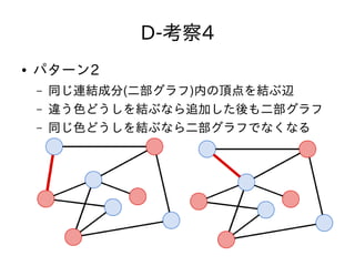 D-考察4
● パターン2
– 同じ連結成分(二部グラフ)内の頂点を結ぶ辺
– 違う色どうしを結ぶなら追加した後も二部グラフ
– 同じ色どうしを結ぶなら二部グラフでなくなる
 