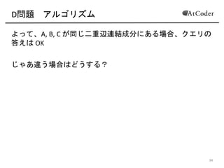 D問題 アルゴリズム
よって、A,(B,(C(が同じ二重辺連結成分にある場合、クエリ
の答えは(OK(
じゃあ違う場合はどうする？
19
 