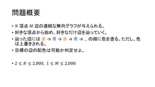 問題概要
• 𝑁 頂点 𝑀 辺の連結な無向グラフが与えられる。
• 好きな頂点から始め、好きなだけ辺を辿っていく。
• 辿った辺には 赤 → 青 → 赤 → 青 → … の順に色を塗る。ただし、色
は上書きされる。
• 目標の辺の配色は可能か判定せよ。
• 2 ≤ 𝑁 ≤ 2,000，1 ≤ 𝑀 ≤ 2,000
 