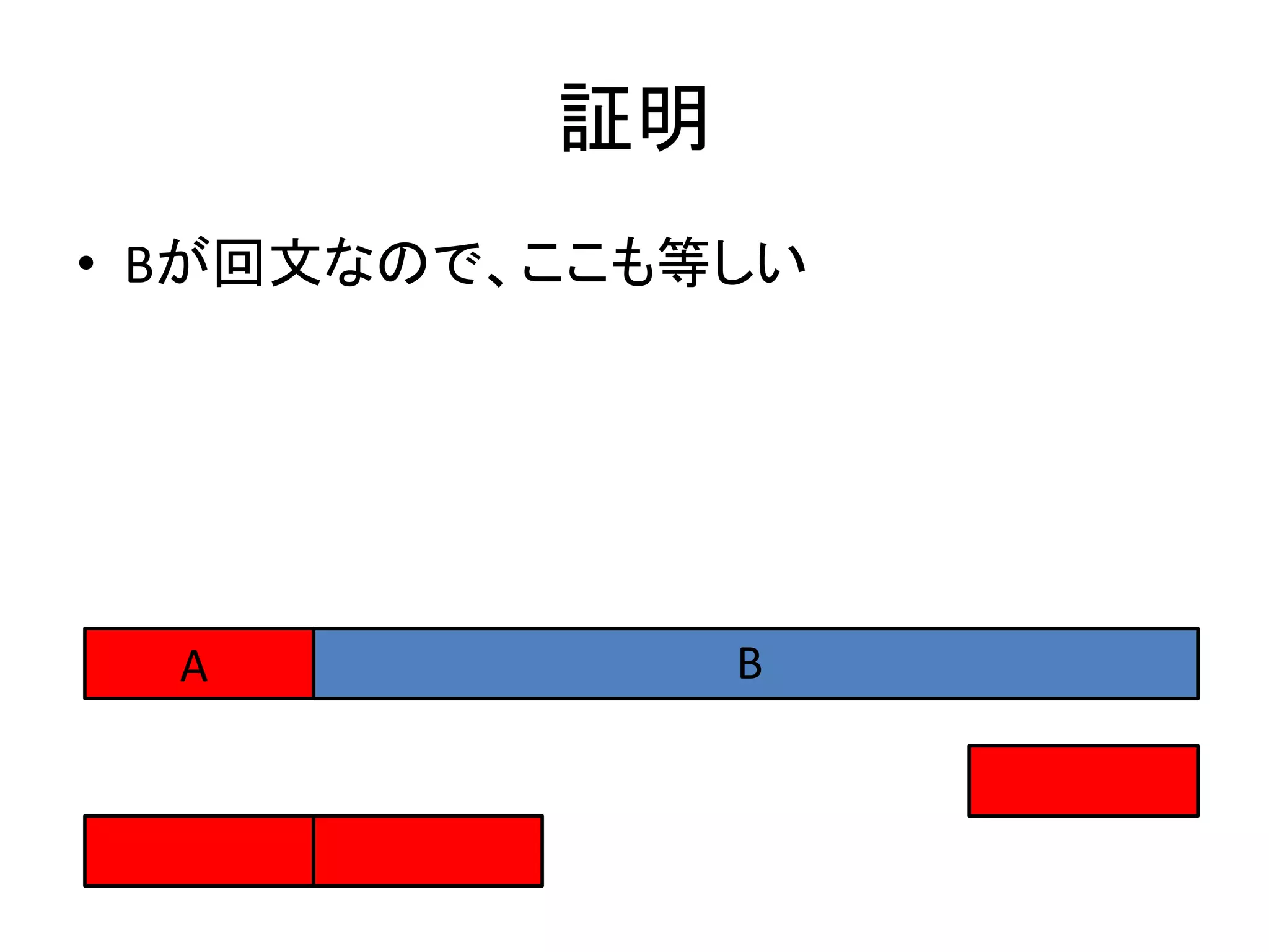 証明
• Bが回文なので、ここも等しい
A B
 